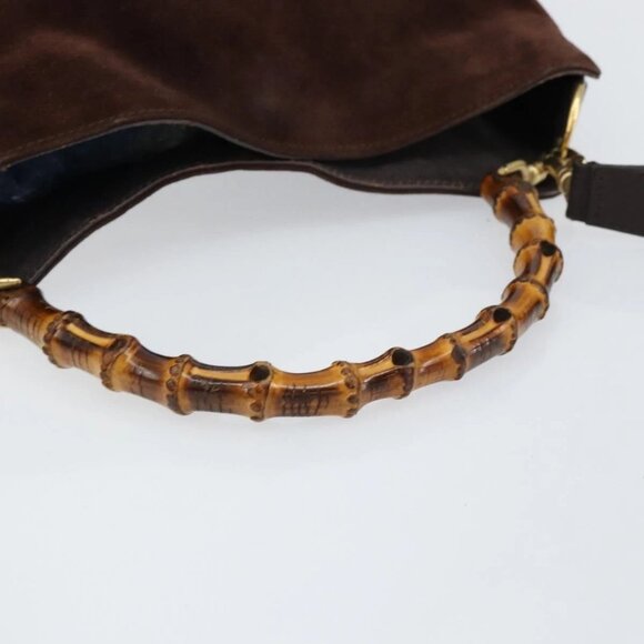 GUCCI Bamboo Shoulder Bag Suede 2way Dark Brown Gold Auth - Picture 9 of 16